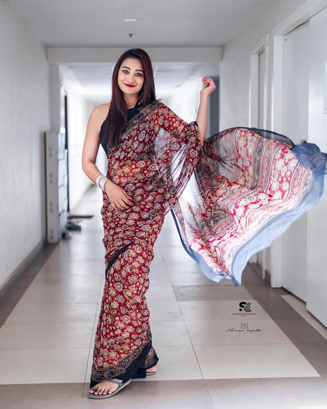 Bhanu Sri Wearing Maroon Saree Sleeveless Black Blouse